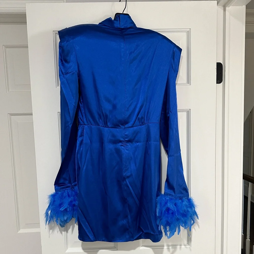 Bronx and Banco Royal Blue Mini Dress with Feather Cuffs - Picture 3 of 6